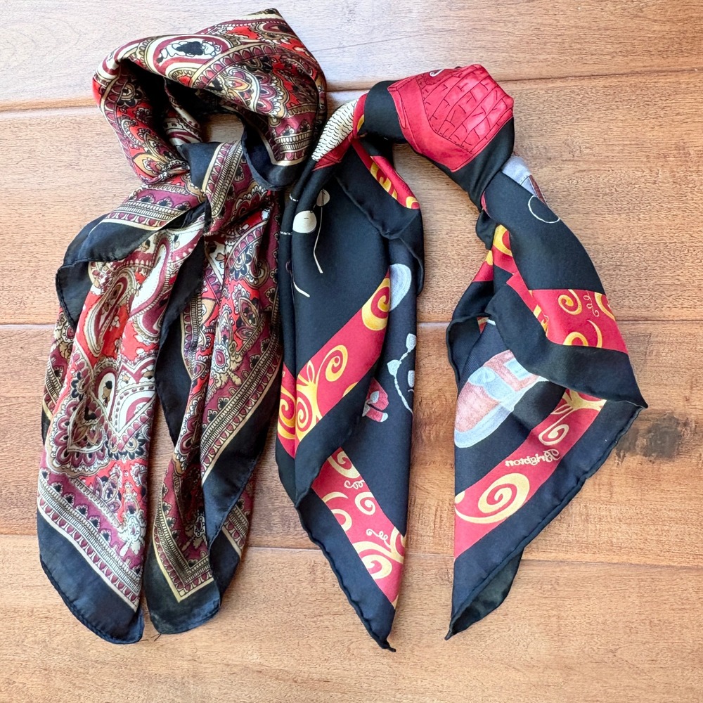 Brighton 100% Silk‎ Novelty Print & Red Paisley Silk Blend Square Scarf Bundle